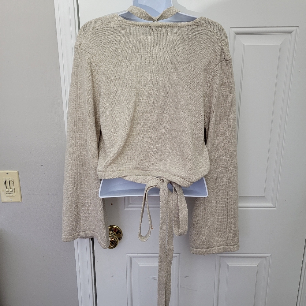 VICI Beige V Neck Long Sleeve Wrap Knit Cardigan Sweater Cropped Long Tie Large - Picture 5 of 10